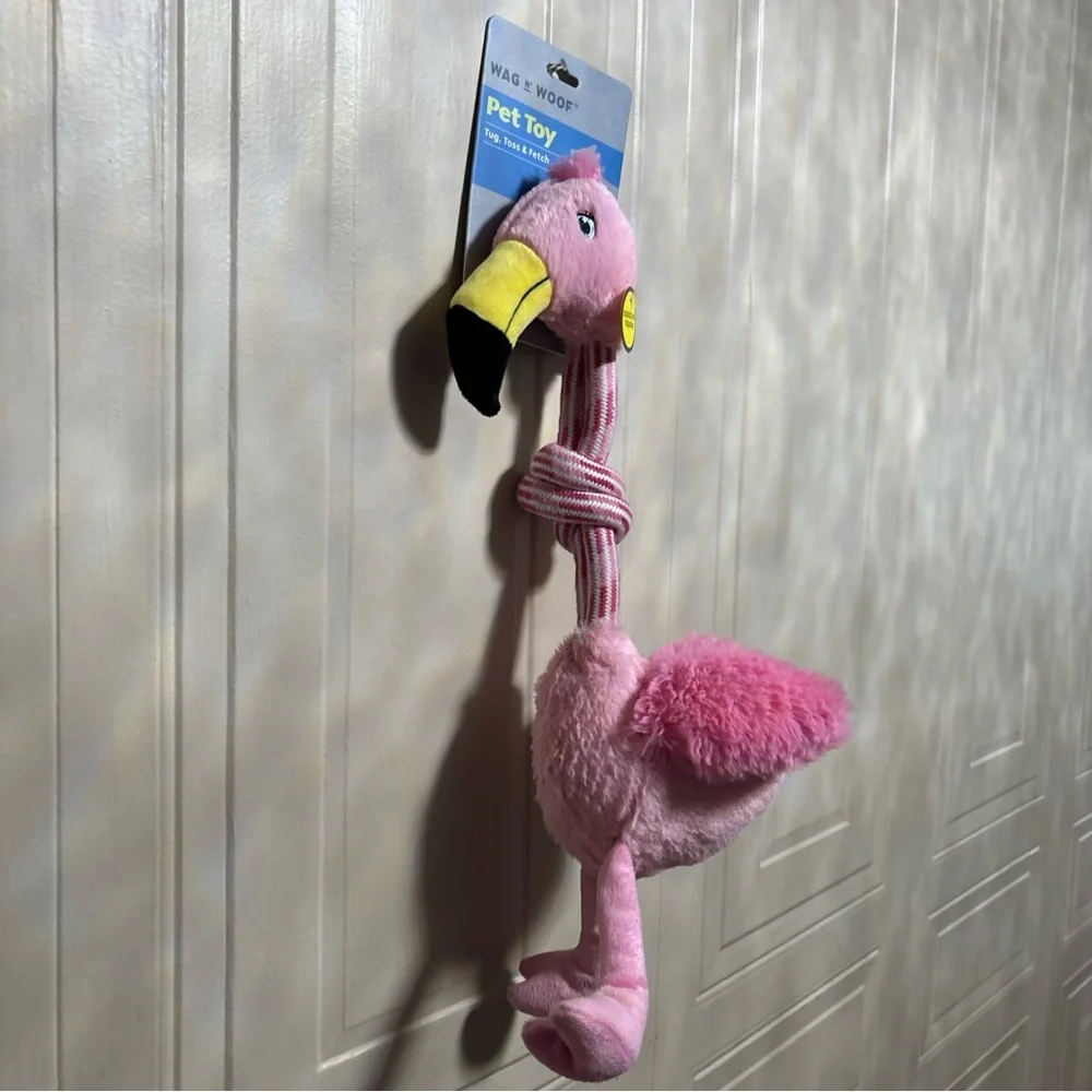 Wag And Woof Flamingo & Tug Dog Puppy Toy with Handle 18” Whit Squeak